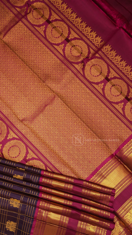 Pure Handloom Kanchipuram Silk Saree with Zari Checks and Traditional Border Concept