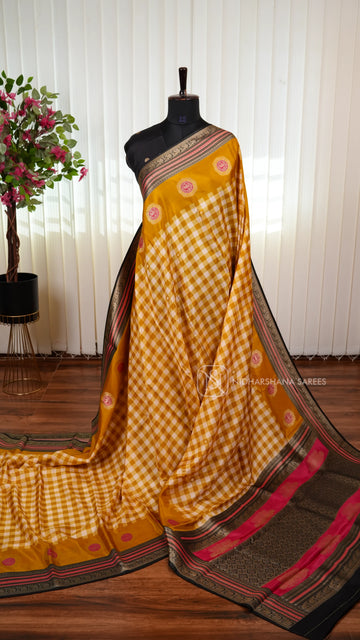 Pure Viscose Crepe Silk Saree With Small Check Pattern And Zari Butta