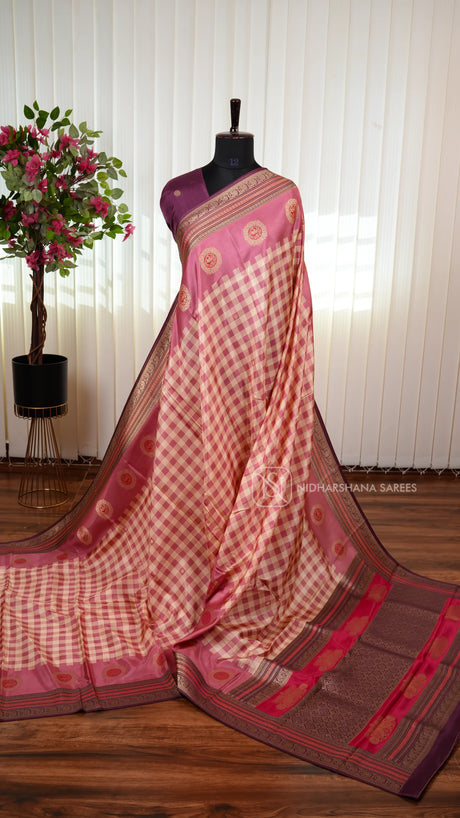 Pure Viscose Crepe Silk Saree With Small Check Pattern And Zari Butta
