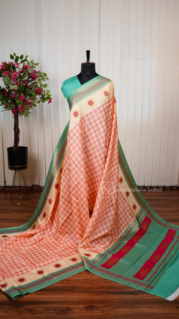 Pure Viscose Crepe Silk Saree With Small Check Pattern And Zari Butta