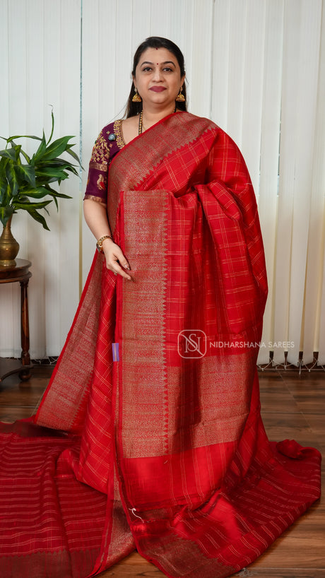 Pure Raw Silk With Antic Zari Checks And Zari Border