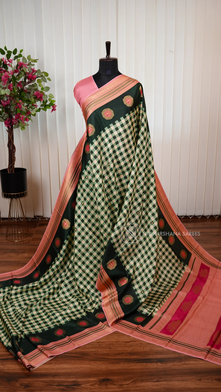 Pure Viscose Crepe Silk Saree With Small Check Pattern And Zari Butta