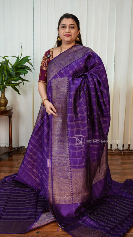 Pure Raw Silk With Antic Zari Checks And Zari Border