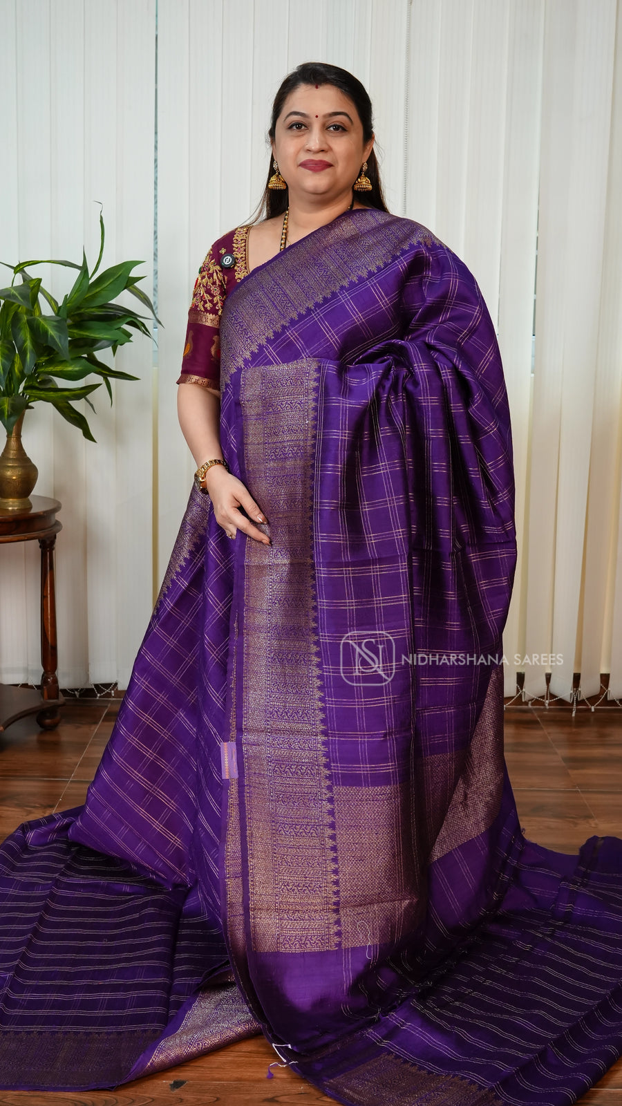 Pure Raw Silk With Antic Zari Checks And Zari Border