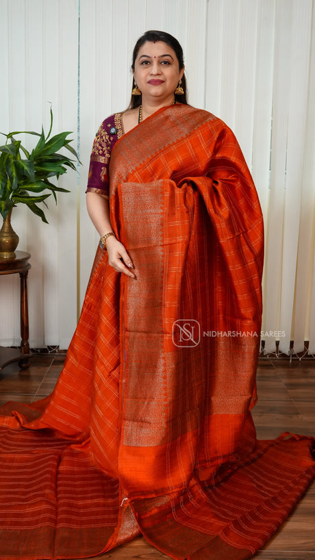Pure Raw Silk With Antic Zari Checks And Zari Border