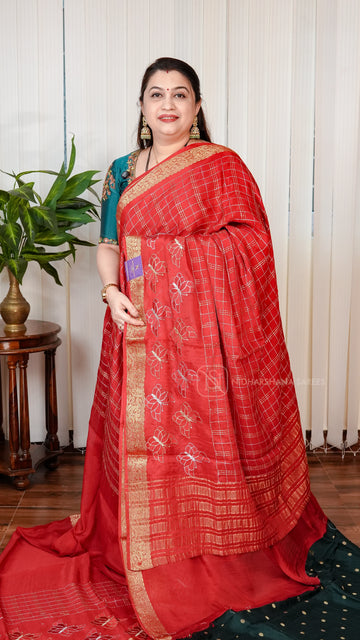 Premium Chinon With Zari Checks And Butterfly Embroidery Border
