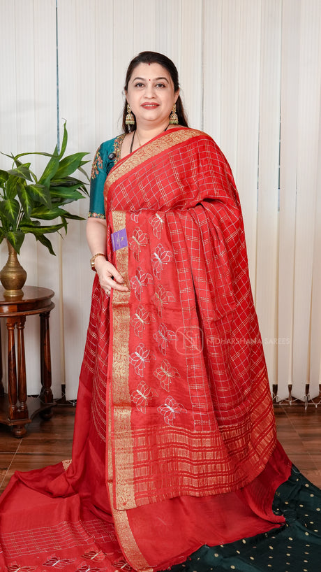 Premium Chinon With Zari Checks And Butterfly Embroidery Border