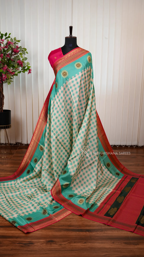 Pure Viscose Crepe Silk Saree With Small Check Pattern And Zari Butta