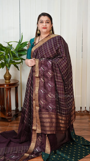 Premium Chinon With Zari Checks And Butterfly Embroidery Border