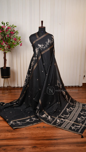Semi Tussar Silk Saree With Bird Motif And Floral Vine Pattern With Striped Zari Border