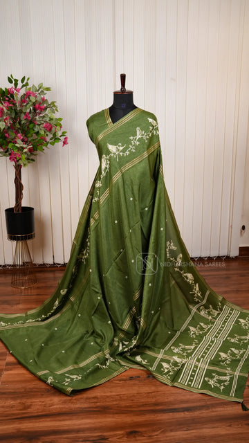 Semi Tussar Silk Saree With Bird Motif And Floral Vine Pattern With Striped Zari Border