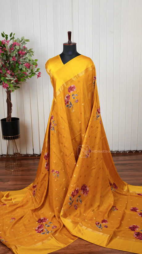 Tussar Mix Cotton With Zari Butta And Floral Print And Satin Border