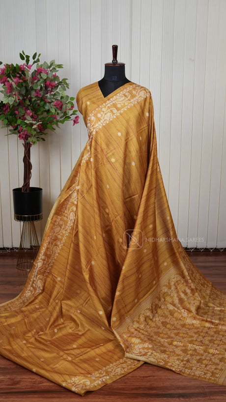 Semi Tussar Silk Saree with Traditional Motifs, Elegant Border Design