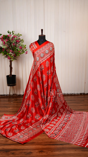 Semi Satin Silk Saree With Hathi Print And Mirror Work Concept