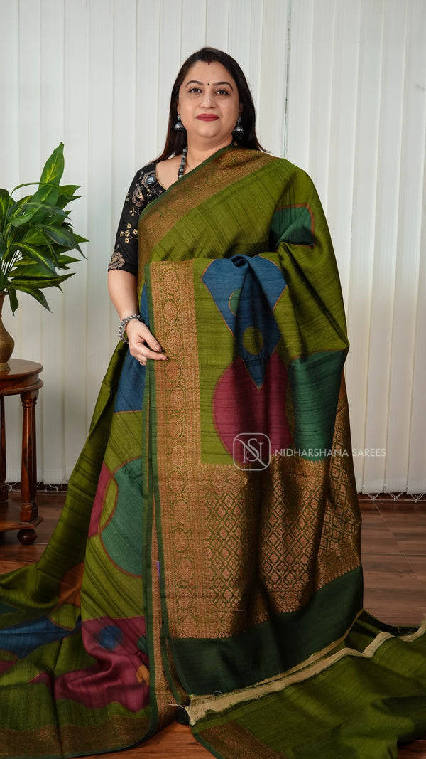 Pure Tussar Silk With Geometrical Pattern And Antic Zari  Border