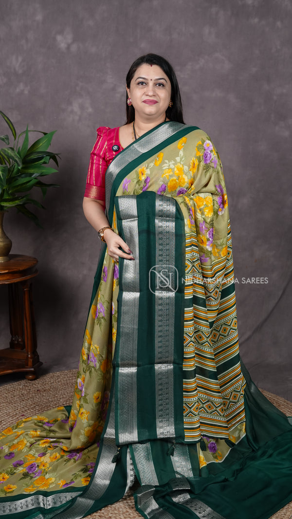 Semi Georgette With Silver Zari Gap Border