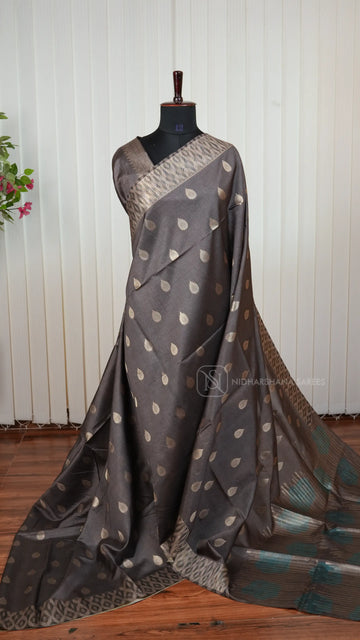 Semi Tussar Silk Saree With Zari Butta And Multi Colour Pallu