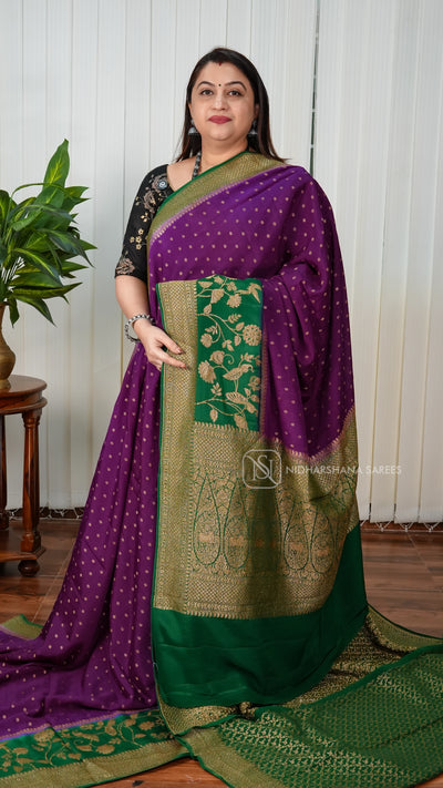 Pure Banarasi Crepe With Antic Zari Butta And Contrast Border
