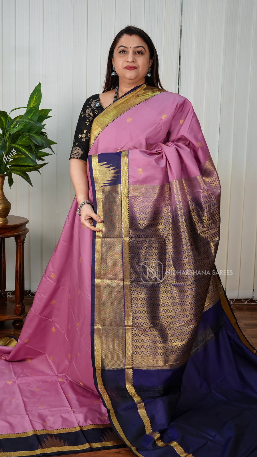 Semi Kanchipuram Silk With Zari Peacock Butta And Gap Style Border