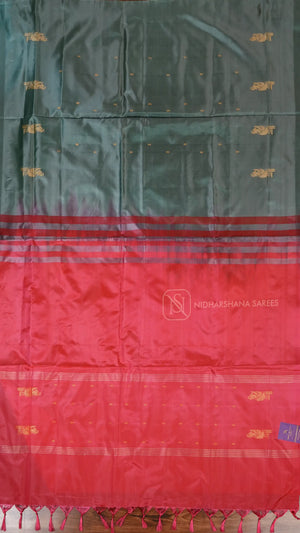 Banana Pith Saree With Thread Woven Butta And Contrast Pallu And Dual Shade Concept