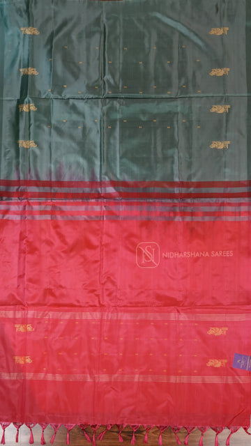 Banana Pith Saree With Thread Woven Butta And Contrast Pallu And Dual Shade Concept