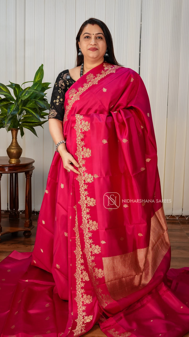 Pure Handloom Puna Silk With Zari Butta And Floral Zari Weaving Border