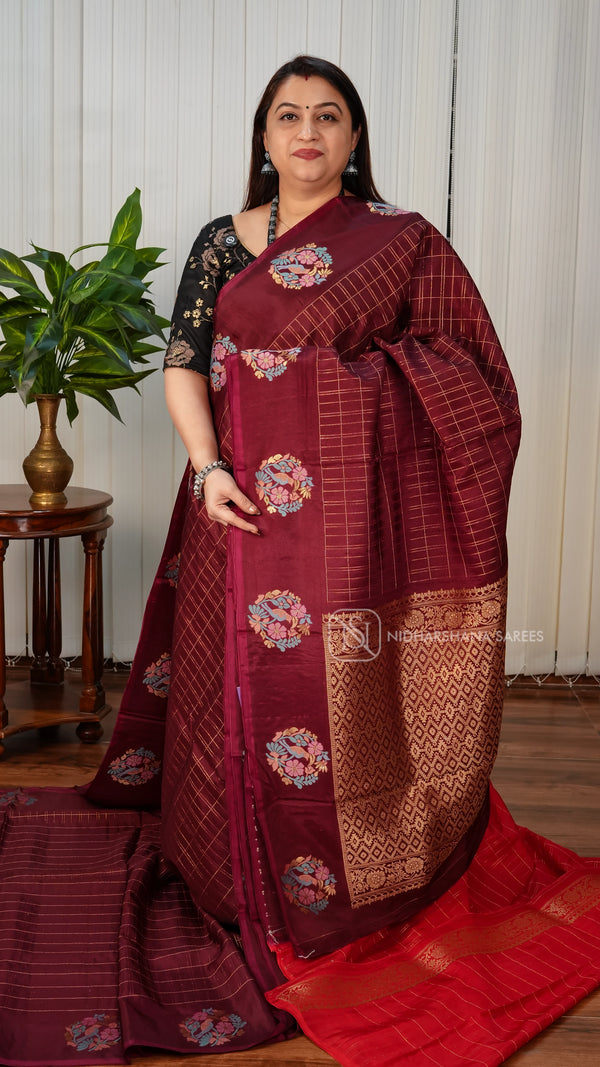 Pure Viscose Silk With Zari Checks And Thread Embroidery Woven Concept