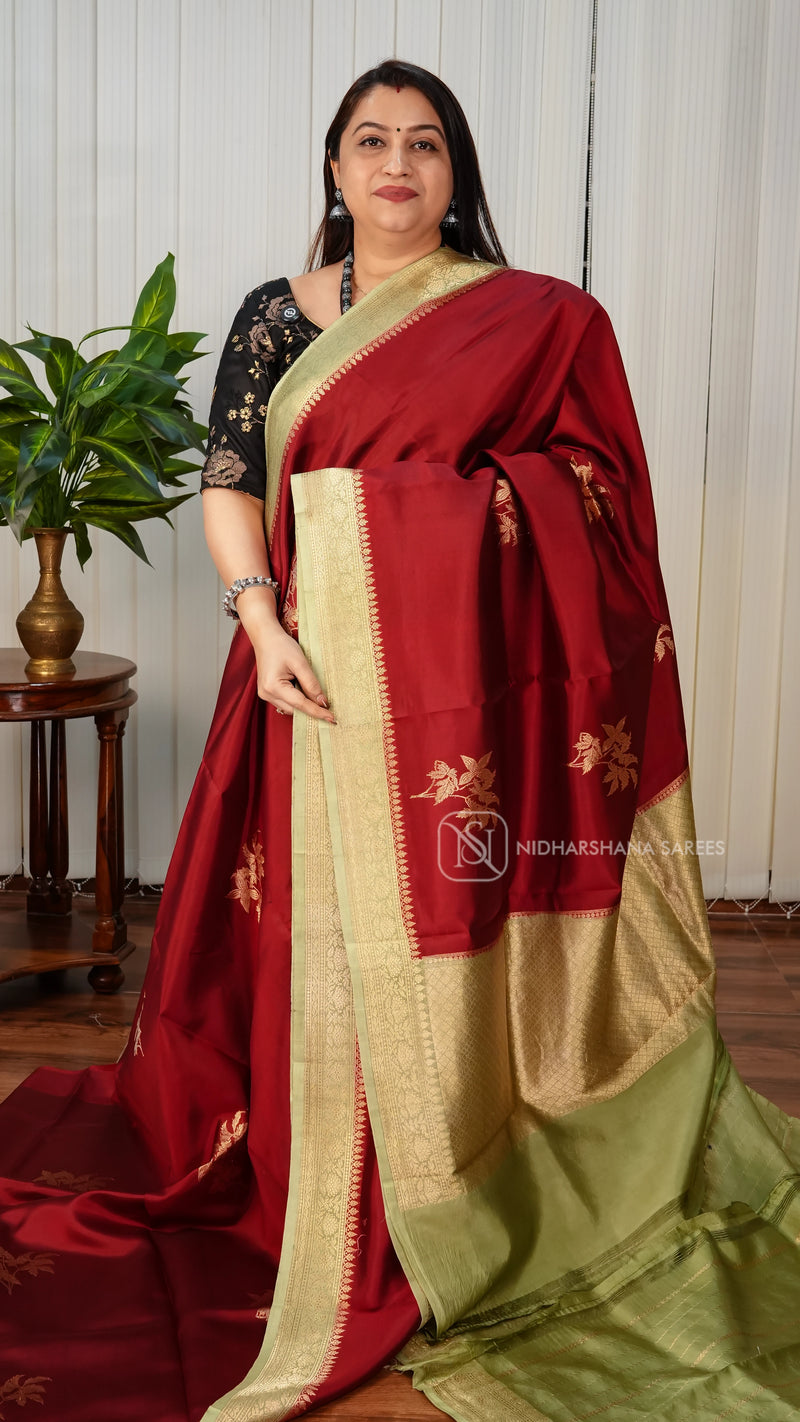 Pure Silk Saree With Antic Zari Leaf Motif And Antic Zari Border