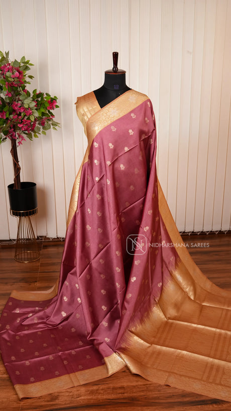Semi Tussar Silk Saree With Floral Zari Butta And Contrast Zari Border