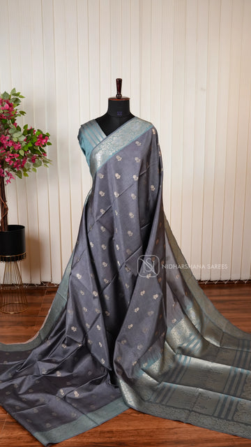 Semi Tussar Silk Saree With Floral Zari Butta And Contrast Zari Border