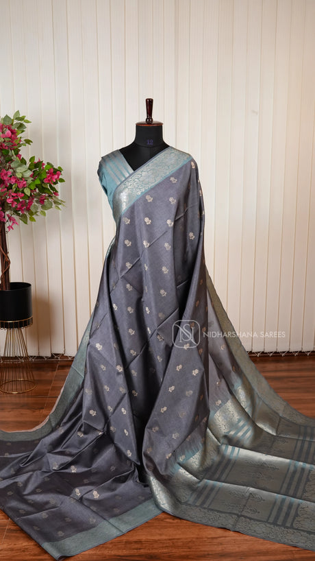 Semi Tussar Silk Saree With Floral Zari Butta And Contrast Zari Border
