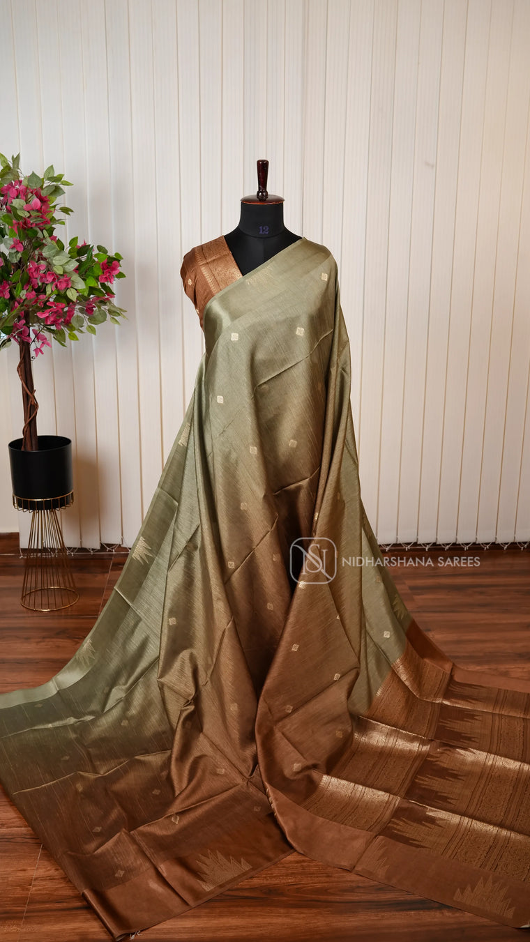 Semi Tussar Silk Saree With Elegant Contrast Border And Intricate Zari Detailing