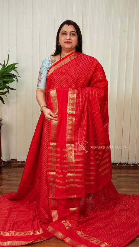 Semi Crepe With Small Zari Check Body And Bentex Border