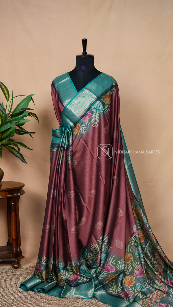 Semi Gadwal Silk With Floral Digital Print And Zari Border