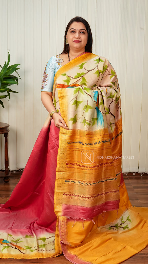 Mul Cotton With Bird Print And Katha Stitch Concept