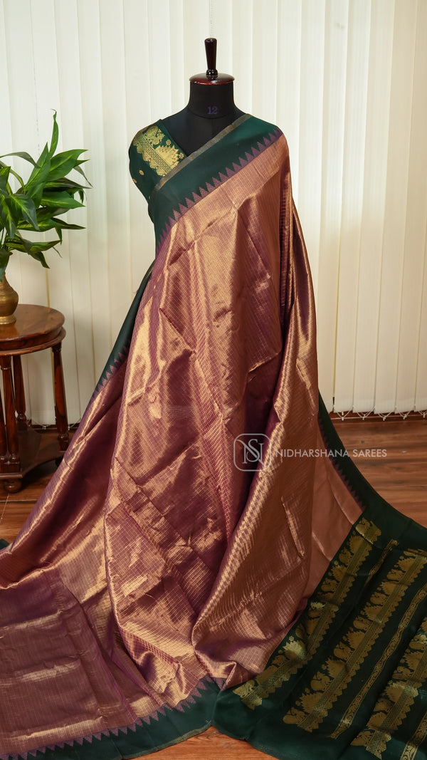 Semi Silk With Zari Checks And Temple Weaving Border