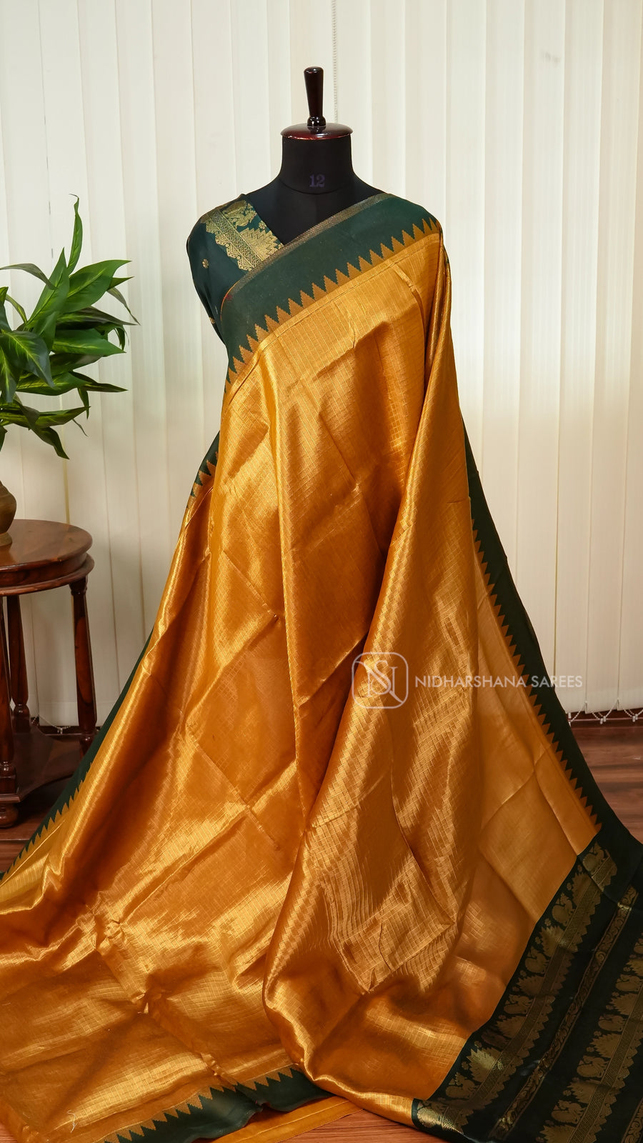 Semi Silk With Zari Checks And Temple Weaving Border