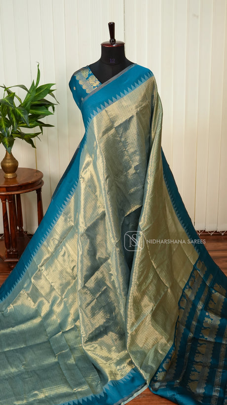 Semi Silk With Zari Checks And Temple Weaving Border