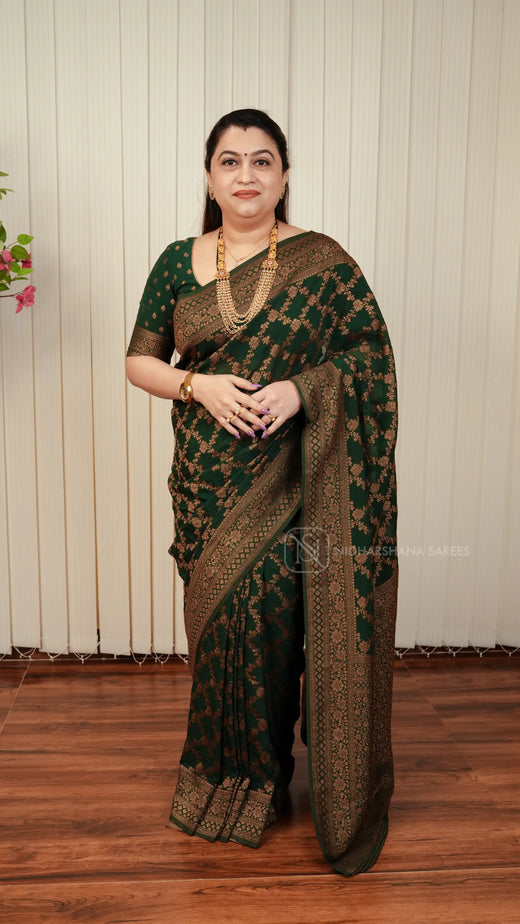 Semi Banarasi Crepe Silk Saree With Floral Antic Zari Weaving And Antic Zari Border