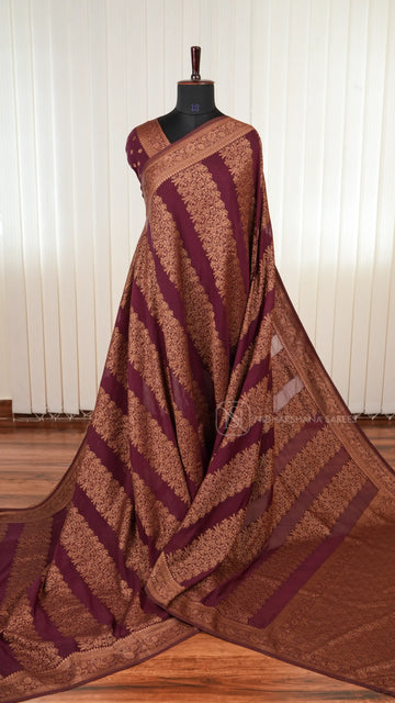 Semi Banarasi Crepe Silk Saree With Floral Antic Zari Weaving And Antic Zari Border