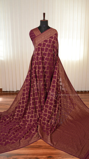 Semi Banarasi Crepe Silk Saree With Floral Antic Zari Weaving And Antic Zari Border