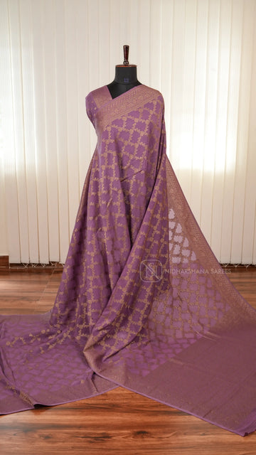 Semi Banarasi Crepe Silk Saree With Floral Antic Zari Weaving And Antic Zari Border