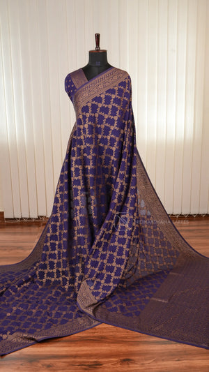Semi Banarasi Crepe Silk Saree With Floral Antic Zari Weaving And Antic Zari Border