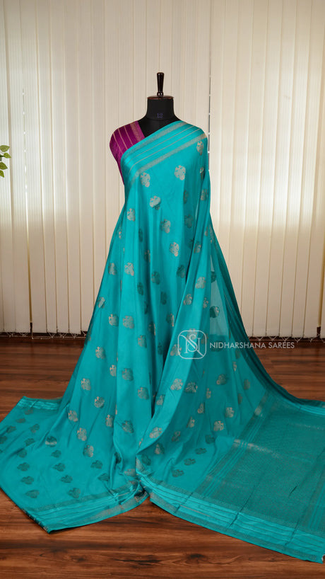 Semi Crepe Satin Saree With All-Over Gandaberunda Motifs And Zari Butta Satin Border