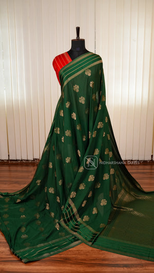 Semi Crepe Satin Saree With All-Over Gandaberunda Motifs And Zari Butta Satin Border