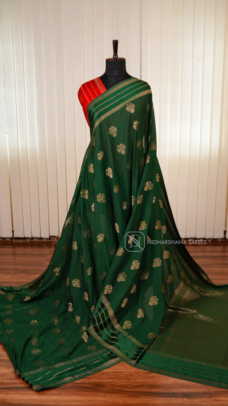 Semi Crepe Satin Saree With All-Over Gandaberunda Motifs And Zari Butta Satin Border