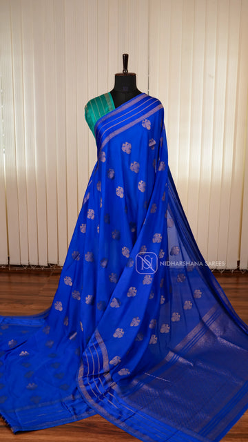 Semi Crepe Satin Saree With All-Over Gandaberunda Motifs And Zari Butta Satin Border
