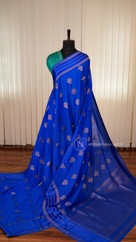 Semi Crepe Satin Saree With All-Over Gandaberunda Motifs And Zari Butta Satin Border