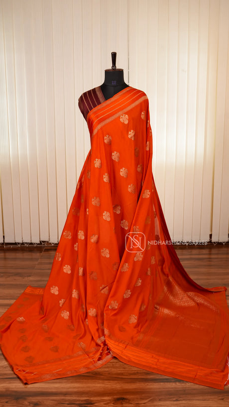 Semi Crepe Satin Saree With All-Over Gandaberunda Motifs And Zari Butta Satin Border