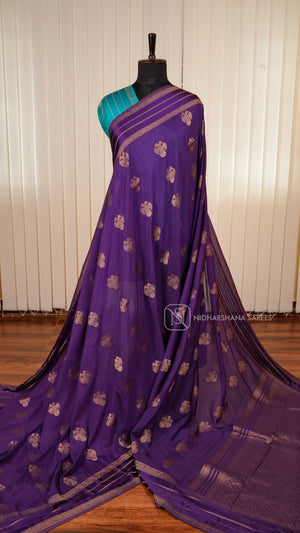 Semi Crepe Satin Saree With All-Over Gandaberunda Motifs And Zari Butta Satin Border